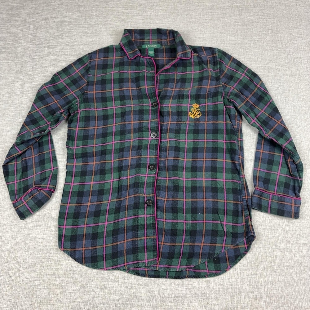 Lauren Ralph Lauren Pajama Top Womens M Green Plaid Flannel‎ Button Up Sleepwear